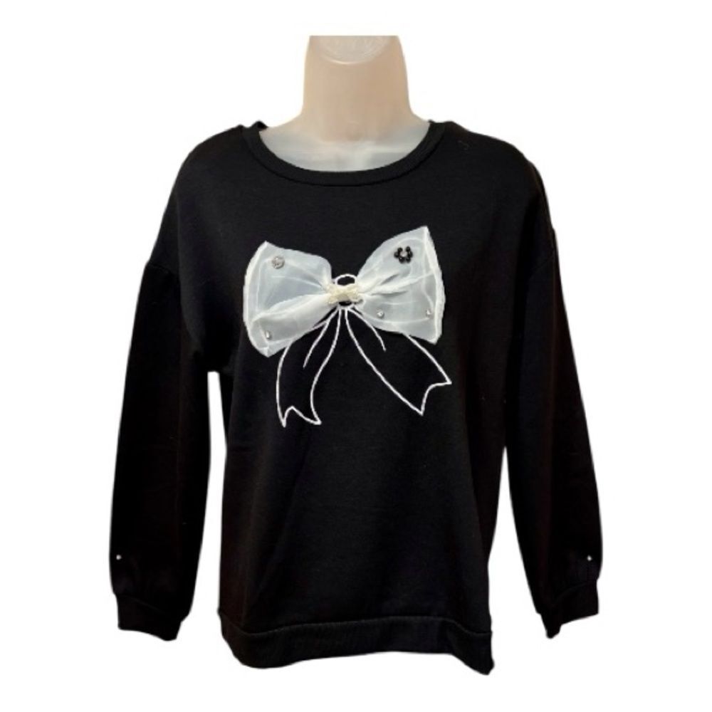 Mesh and Love black soft fleece sweatshirt sweater top with white organza bow